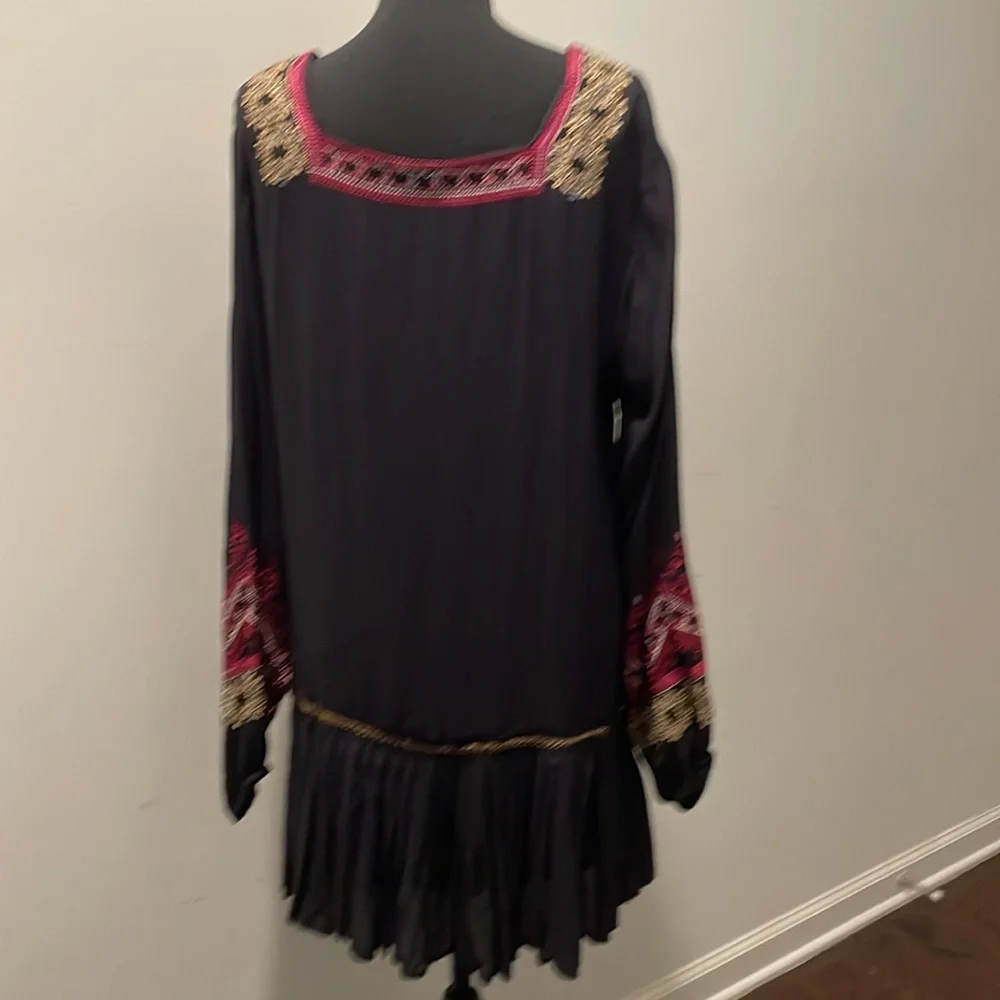 Free People Wild One Peasant Mini Dress SizeS Black Gold Embroidered Drop Waist - Picture 10 of 16